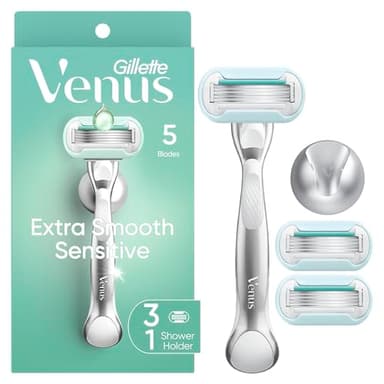 Gillette Venus Extra Smooth Sensitive Women's Razor with Reusable Handle, 3 Blade Refills and Shower Holder