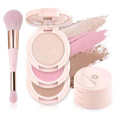 Color Nymph 3 Colors Contour Blush Highlighter Makeup Palette, Travel Size Make up Kit, Blush & Highlighter & Contour Powder Palette, Includes Brush and Mirror, Stacked Makeup Design （Pink）