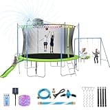 Lyromix 12FT Trampoline with Slide and Swings, Large Outdoor Trampoline with Basketball Hoop, Ladder, Light and Net, Capacity for 5-7 Kids and Adults