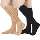 Athbavib 2 Pairs Zipper Compression Socks, 15-20 mmHg Closed Toe Compression Stocking with Zipper for Women and Men