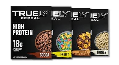 TRUELY Protein Cereal – Variety Cocoa, Fruity, Chocolate Peanut Butter, Honey Flavors | 18 g Protein, 4 g Sugar | 4 × 7.05 oz
