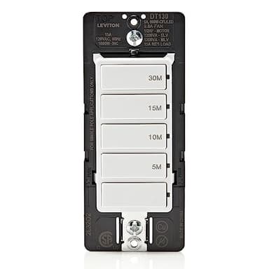 Leviton Countdown Timer Switch for bathroom fan and household lights, 5-10-15-30 min, No Neutral Required, Single Pole, 15A, 1/2 HP/9.8A Fan/Motor, DT130-1LW, White