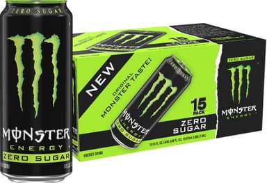 Monster Energy Zero Sugar, Green, Original, Low Calorie Energy Drink, 16 Ounce (Pack of 15), Can