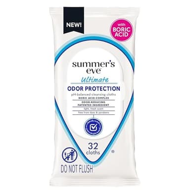 Summer's Eve Ultimate Odor Protection Daily Feminine Wipes, Gentle pH-Balanced Formula with Boric Acid Cleanses & Removes Vaginal Odor, Resealable Pack, 32 Body Wipes