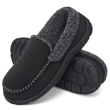 ATHMILE Men's Moccasin House Slippers, Memory Foam Arch Support, Plush Fuzzy Lining, Non-Slip Rubber Sole for Indoor/Outdoor Winter Comfort