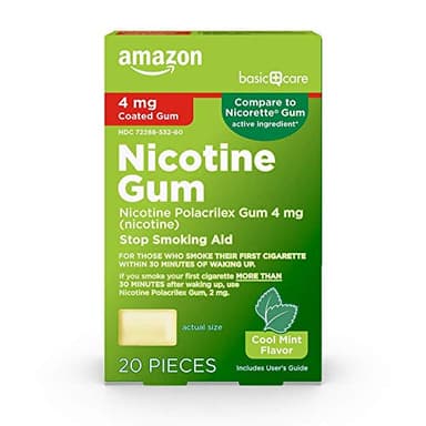 Amazon Basic Care Nicotine Polacrilex Coated Gum, 4 mg, Cool Mint Flavor, Stop Smoking Aid, Quit Smoking, Reduce Withdrawal Symptoms, 20 Count