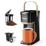 Tastyle Single Serve One Cup Coffee Maker, for K Cups and Grounds, Mini Coffee Maker with Portable Handle, 6 to 12 Oz Brew Size, for Travel, Camping, Office, RV and Dorm, Black and Gold