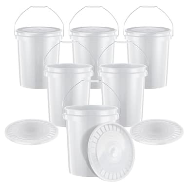 United Solutions 5-Gallon Heavy-Duty Buckets with Snap-On Lids, 6-Pack – BPA-Free, Food-Grade Plastic, Multi-Purpose Storage for Home, DIY, and Job Sites – White