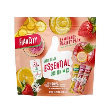 FlavCity Anytime Essential Lemonade Variety Pack - Powder Drink Mix Packets with Collagen - Lemonade Packets in 3 Flavors - Water Flavoring with Collagen, Fiber & Electrolytes (30 Stick Packs)