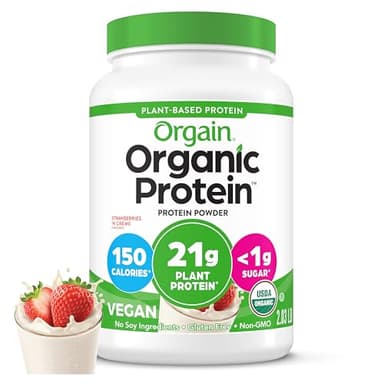 Orgain Organic Vegan Protein Powder, Strawberries & Cream - 21g Plant Based Protein, 4g Prebiotic Fiber, Low Net Carb, No Lactose Ingredients, No Added Sugar, Non-GMO, For Shakes & Smoothies, 2.03 lb