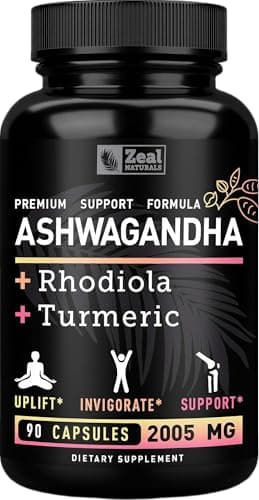 Zeal Organic Adaptogenic Ashwagandha Complex | 2005mg, 90 Capsules | Organic Ashwagandha Root Powder + Rhodiola Rosea + Turmeric | 3-in-1 Stress Relief, Energy & Joint Support Supplement