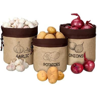 Wowangce 3 Pcs Potato Onion Garlic Storage Bag, Washable Vegetable Storage Bags with Blackout Lining Farmhouse Kitchen Potato Sacks Food Onion Garlic Container for Pantry(Classic,Barncloth)