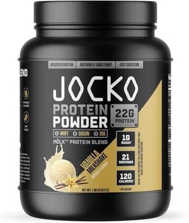 Jocko-Mölk Protein Powder, 21 Servings - Grass-Fed Whey, Micellar Casein, Egg Protein Blend with Digestive Enzymes, Probiotics, Sugar-Free, Soy-Free, Gluten-Free (Vanilla)