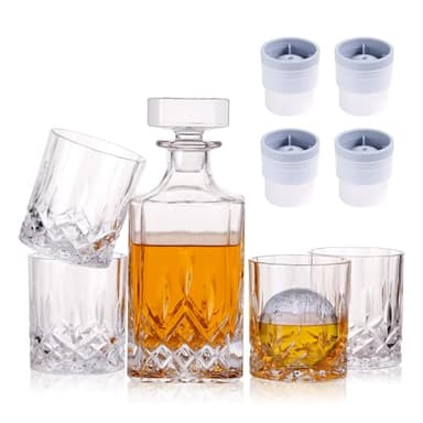 Crystal Whiskey Decanter Set In Gift Box - Includes 4 Crystal Whiskey Glasses and 4 Big Ice Ball Molds - Unique Whiskey Gift for Men