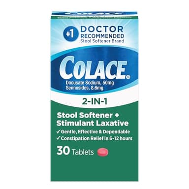 Colace 2-in-1 Stool Softener Plus Stimulant Laxative Tablets, 30 Count, Gentle Constipation Relief, Docusate Sodium Plus Sennosides