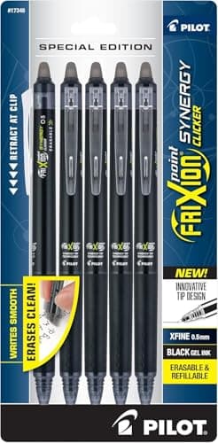 PILOT FriXion Synergy Clicker Erasable, Refillable & Retractable Gel Ink Pens, 0.5mm Extra Fine Point, Black Ink, 5-Pack