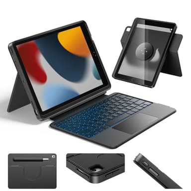 HOU iPad 9th Generation Case with Keyboard(8th/7th gen),iPad Air 3 & Pro 10.5" 360° Rotatable&Detachable Combo,Ultra-Silent Keys,7-Color Backlit,50H Battery,Lightweight Cover,Portrait/Landscape,Black