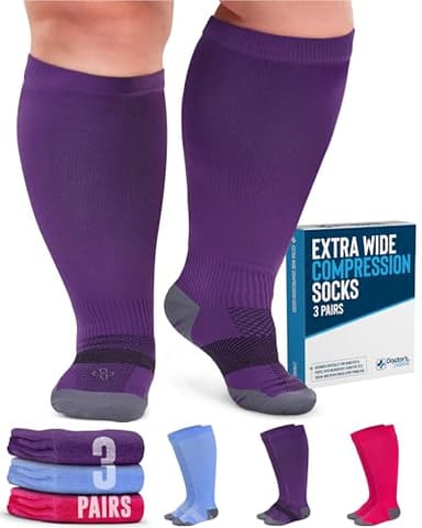 Doctor's Select 3 Pairs Plus Size Compression Socks Wide Calf - Up to 6XL | 20-30 mmHg Compression Socks for Women Wide Calf | Pink, Purple, Blue