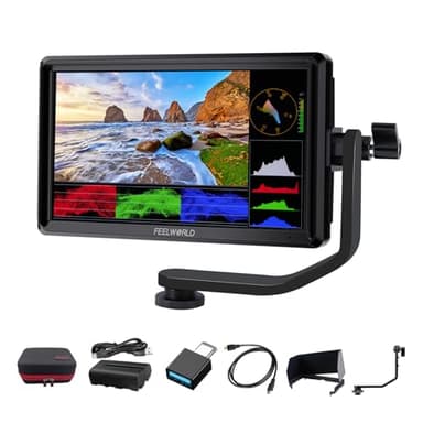 FEELWORLD S55 V3 6 Inch DSLR Camera Field Monitor Bundle - FHD IPS Screen, 4K HDMI in/Out, Tilt Arm, Power Output, Battery & Carry Case Included