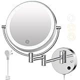 Wall Mounted Makeup Mirror with Lights, Magnifying Mirror 10X/1X Double-Sided, Plug-In Vanity Mirror with 3 Color Lights & Brightness Dimmable, 360°Swivel Extendable Mirror for Grooming & Shaving