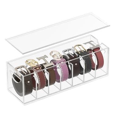 ZhiYo-Life Acrylic Belt Organizer with Dust Cover – Clear Belt Storage Box for Closet or Drawer, Belt and Tie Display Holder Case with 7 Compartments for Men and Women