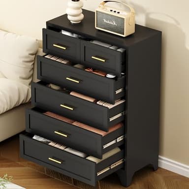 POKOKE 6 Drawer Dresser for Bedroom, Metal Black Dressers Tall, Closet Dressers with Drawers & Smooth Metal Rail, Tall Dresser for Closet, Clothes Drawer for Bedroom, Hallway, Entryway (Black)