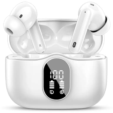 Wireless Earbuds, Bluetooth 5.4 Headphones Bass Stereo, Ear Buds with Noise Cancelling Mic, LED Display in Ear Earphones Clear Calls, IP7 Waterproof Bluetooth Earbuds for Phones/Sports/Laptop, White