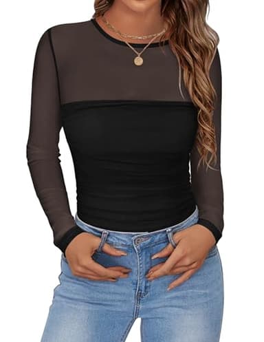 Zeagoo Women's Mesh Blouses Sexy Sheer Long Sleeve Shirts Crew Neck Going Out Tops Fall Lace Clothes Black M