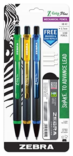 Zebra Pen Z-Grip Plus Mechanical Pencil, 0.7mm, with Lead and Erasers, Assorted Barrel Colors, Green, Yellow, Blue, 3-Pack (55403)