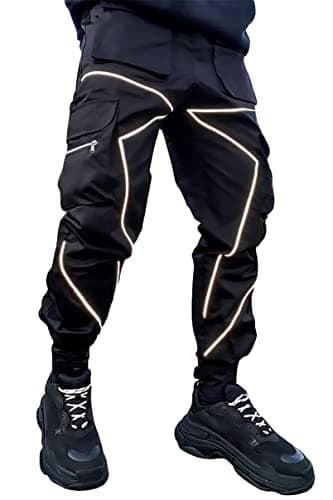 BOOMLEMON Men's Cargo Jogger Pants Reflective Technical Hip Hop Harem Pants Punk Streetwear Tactical Track Pants(Black XL)