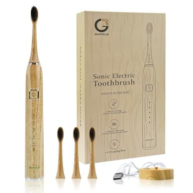 GUFICLE Bamboo Electric Toothbrush with 4 Charcoal Infused Bamboo Brush Heads, 5 Modes, Sonic Technology, 38,000 VPM, 80-Day Battery Life, IPX7 Waterproof, Smart Timer for Adults