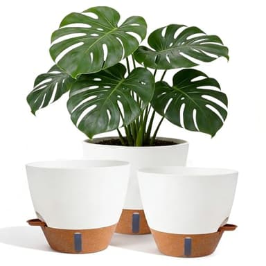 Nuotuv 8/9/10 Inch Large Self Watering Pots, Plastic Flower Pots with Multi Mesh Drainage Holes and Water Level Indicator & Deep Reservoir for Indoor Outdoor Garden Plants and Flowers (White)