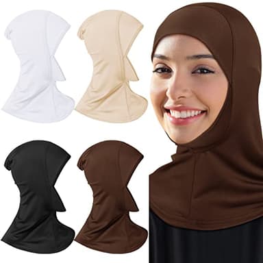 Geyoga 4 Pieces Modal Hijab Cap Adjustable Muslim Stretchy Turban Full Cover Shawl Cap Full Neck Coverage for Lady (Black, White, Dark Brown, Beige)