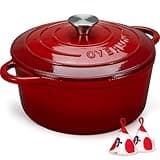 Overmont Enameled Cast Iron Dutch Oven - 4.5QT Pot with Lid Cookbook & Cotton Potholders - Heavy-Duty Cookware for Braising, Stews, Roasting, Bread Baking red