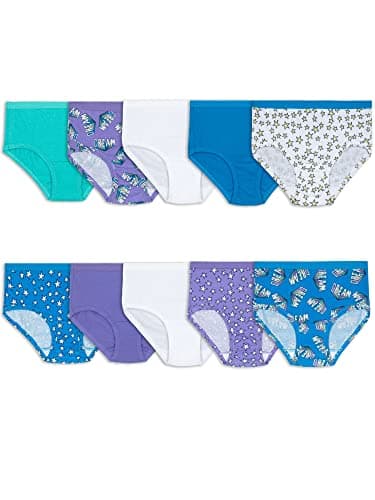 Fruit of the Loom Girls' Tag Free Cotton Brief Underwear Multipacks, Low Rise Brief - Purple/Blue/White, 8, Pack of 10