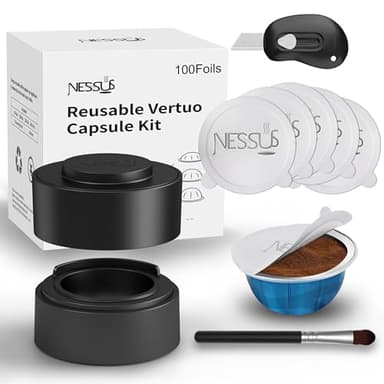 Nessus Reusable Pod Kit for Nespresso Pods Vertuo, Reuse Old Coffee Pods for Nespresso Vertuo: 100 Pcs Aluminum Foil Seal Lid, Holder, Brush, Refillable Vertuo Plus Next Capsule Machine(No Pods Come)