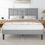 VECELO Full Size Bed Frame with Adjustable Headboard, Upholstered Button Tufted Platform Bedframe with Wood Slats Support, No Box Spring Needed, Light Grey