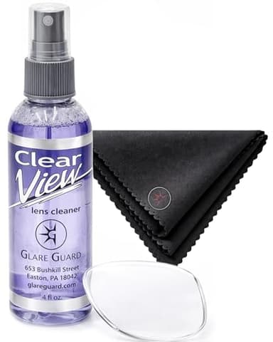 Glare Guard Clear View Lens Cleaner with Microfiber Cloth, Anti-Streak Glasses Cleaner Spray, Pro-Grade Eyeglass & Sunglass Cleaner, Alcohol-Free Screen & Camera Lens Solution, Smudge-Free, 4oz