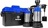 Westinghouse Battery Backup Sump Pump System with Alarm, 1/2 HP Primary Pump 5,200 GPH, Backup 12V Pump 2700 GPH, Heavy Duty Stainless Steel & Cast Iron, Vertical Float Switch. 3 Year Warranty
