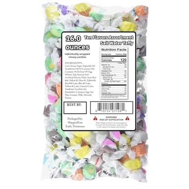 Ten Flavors Assortment, Salt Water Taffy 1 Pound Bag. Classic Boardwalk Style Taffy. (Net Wt. 16oz)