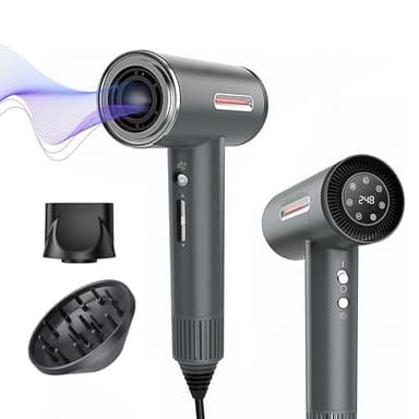 Hair Dryer, 180000 RPM High-Speed Brushless Motor, 1 Min Fast Drying & No Heat Damage, 600 Million Negative Ions with Concentrator & Diffuser, Salon-Level 7 Temp / 3 Speed, HD Digital Screen,Gunmetal