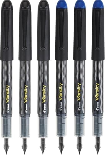 Pilot, Precise Varsity Pre-Filled Fountain Pens, Medium Point 1 mm Stainless Steel Nib, Black/Blue, 6-Pack