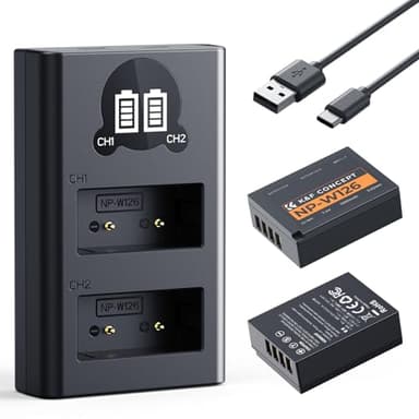 K&F Concept 1300mAh NP-W126 NP-W126S Battery and Charger for Fujifilm XM5, X100VI, X100V, XS10, XT30, XT30 II, XT20, XE4, A5, Dual-Slot Fast Charger, Type-C and Micro-USB Input, 2 Pack Battery