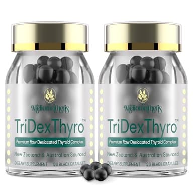Thyroid Supplement – TriDexThyro™ Raw Desiccated Thyroid Complex 375 mg with Bovine, Porcine & Ovine –120 Capsules for Women and Men（2 Pack）
