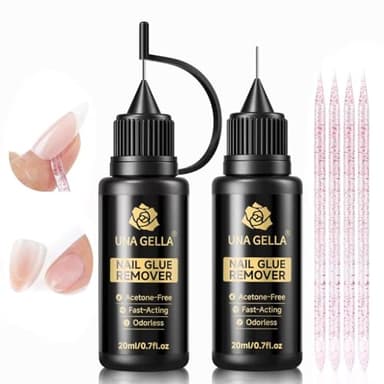 UNA GELLA 20ml*2PCS Nail Glue Remover for Press on, Multi-Functional Pinpoint Glue Remover Fast Removal Gentle Non-Acetone with Crystal Sticks for Nails Polish False Acrylic Nail Tips Home DIY