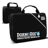DormDoc World Travel 200 Piece Emergency First Aid Kit for College Students - Dorm Room Foreign Study Kit with OTC Medicines and Bandages for School, Sports, Vehicle and Travel (Black)