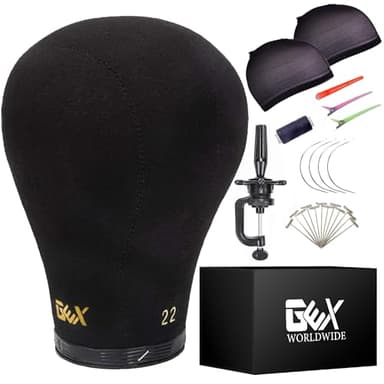 GEX 20"-24" Canvas Cork Wig Block Mannequin Head for Wig Making Drying Styling Display with Table C Clamp Stand Holder (Black 22")