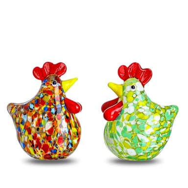 H&D HYALINE & DORA Set of 2 Mini Glass Rooster Figurines Art Blown Glass Chicken Collectible Figurine Crystal Animal Ornaments for Farm Thanksgiving Centerpiece Decor