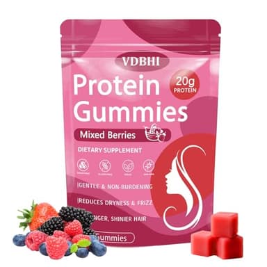 VDBHI Protein Gummies for Women & Men, 20g Plant-Based Protein per Serving, Zero Sugar, Vegan Collagen Gummies, Mixed Berries Flavor, 60 Gummies (01)