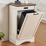 AHB 13 Gallons Tilt Out Trash Cabinet Free Standing Recycling Trash Cabinet with Deodorizing Function Hidden Kitchen Trash Cabinet Pet Proof Trash Can Holder for Kitchen Living Room, Antique White